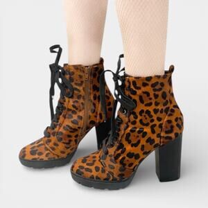 Express Calf Cow Hair Lace Up Almond Toe Platform Chunky Combat Boots Sz 9.5